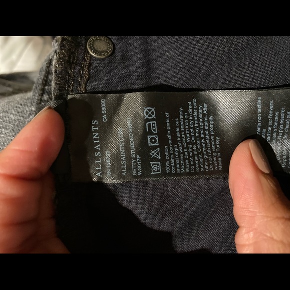100% Cotton AllSaints Distressed Grey Studded Jean Mini skirt size 10 NYE Party - Picture 11 of 12